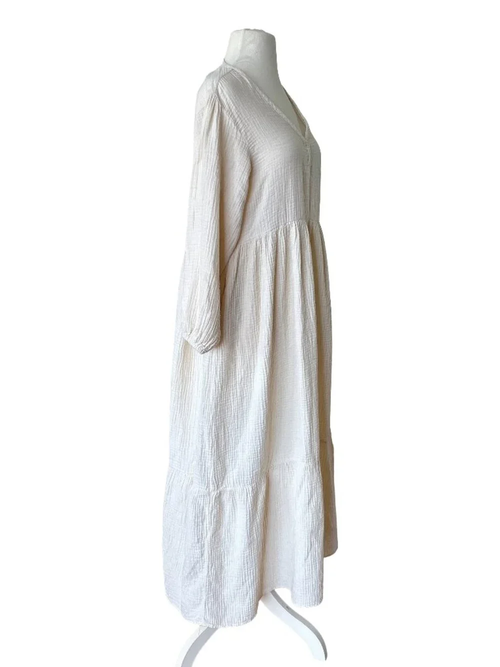 Nico Nico White Maxi Long Sleeve Athena Gauze Tiered V Neck Cotton Flowy Dress - Picture 2 of 9